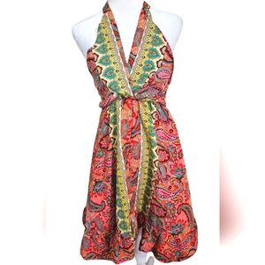 ASHLEY TAYLOR Silk Halter Paisley Print Sundress In Pink/green Multi. O/S NWT